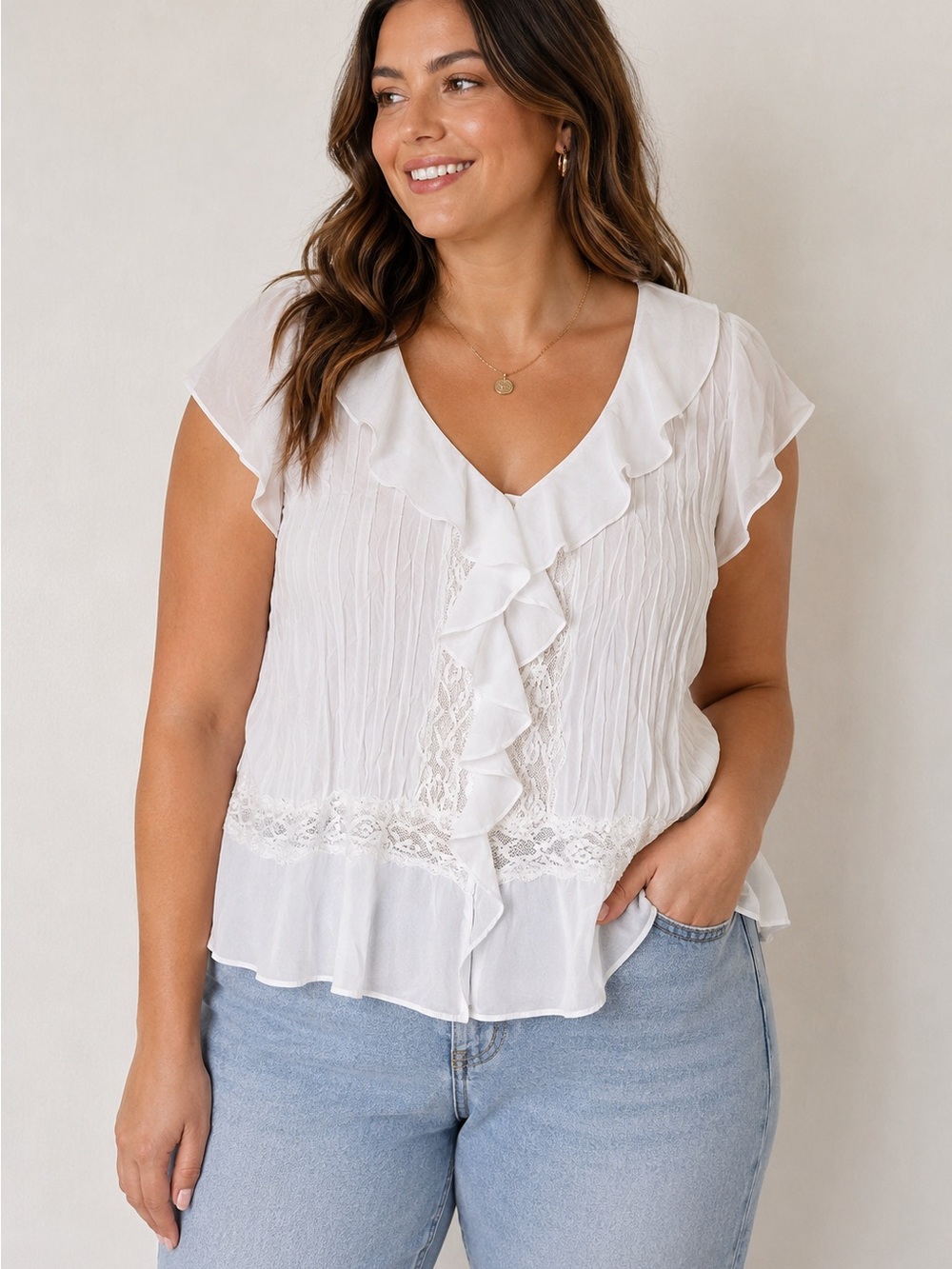 Separates by New York City Design Co White Ruffle Lace Crinkle Blouse XL